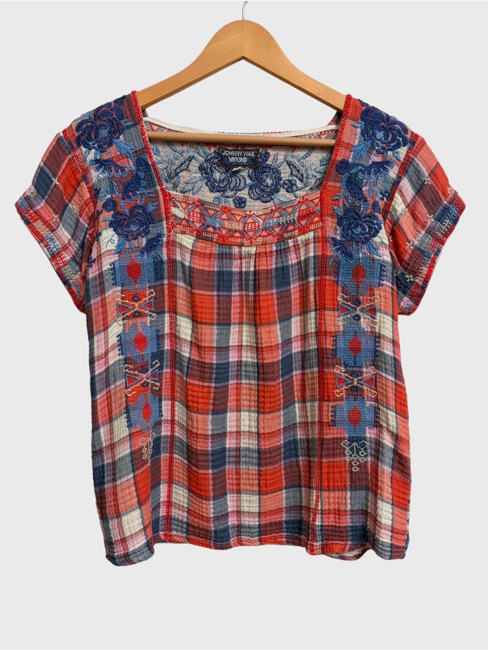 Johnny Was Workshop Zelda Plaid Embroidered Peasant Blouse Top Women's M Boho